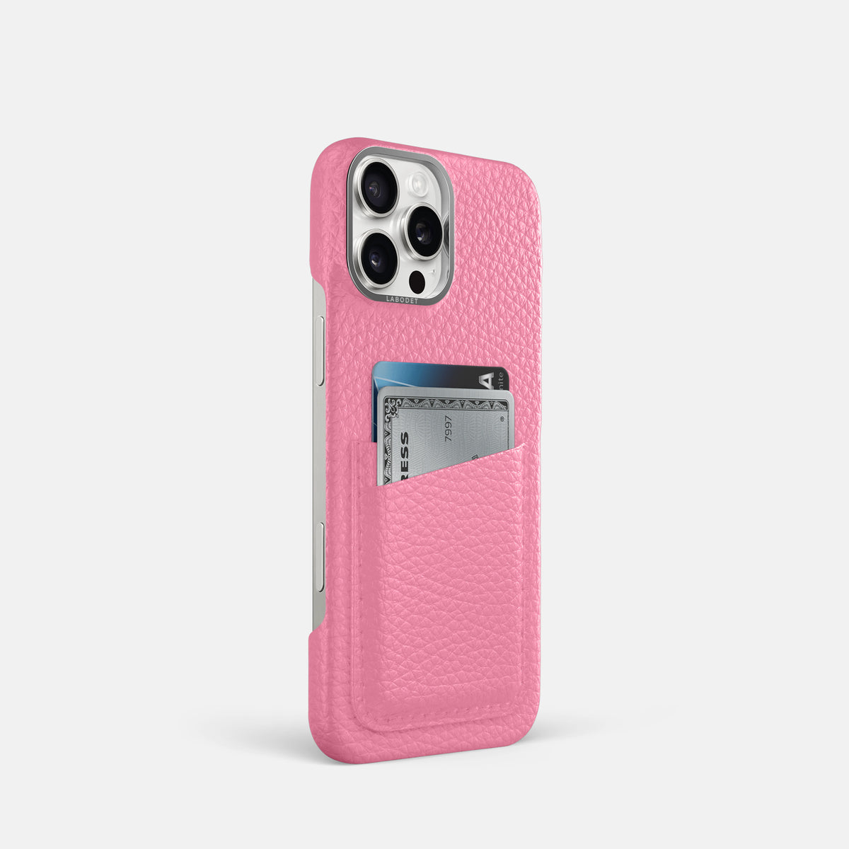 Pink iPhone 16 Pro Card Case Calf with Steel Metal -2 | Pink-Steel