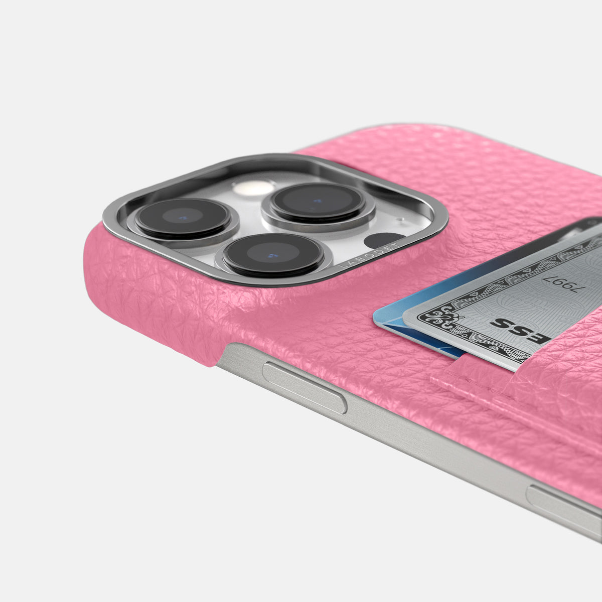 Pink iPhone 16 Pro Card Case Calf with Steel Metal -5 | Pink-Steel