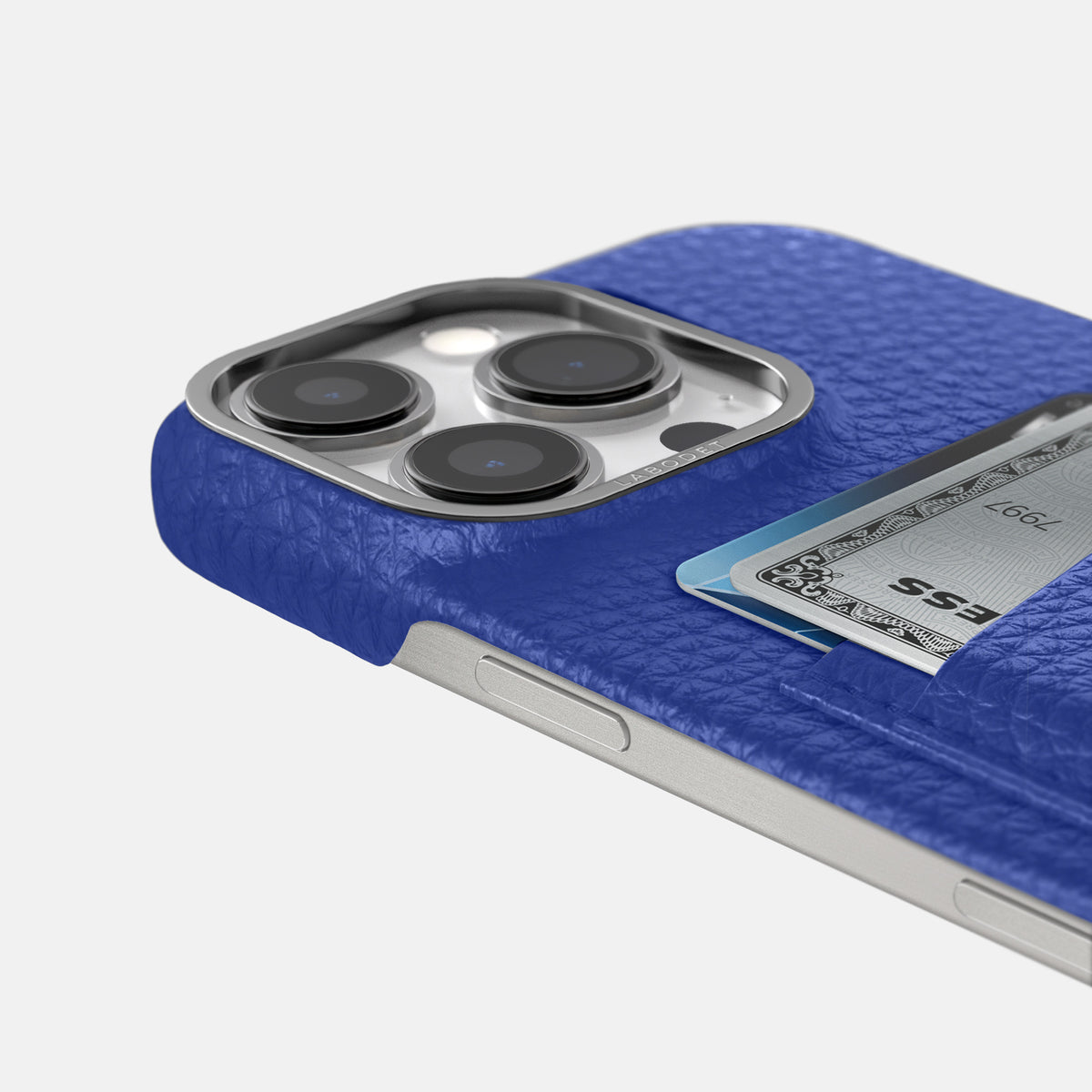 Royal Blue iPhone 16 Pro Card Case Calf with Steel Metal -5 | Royal-Blue-Steel