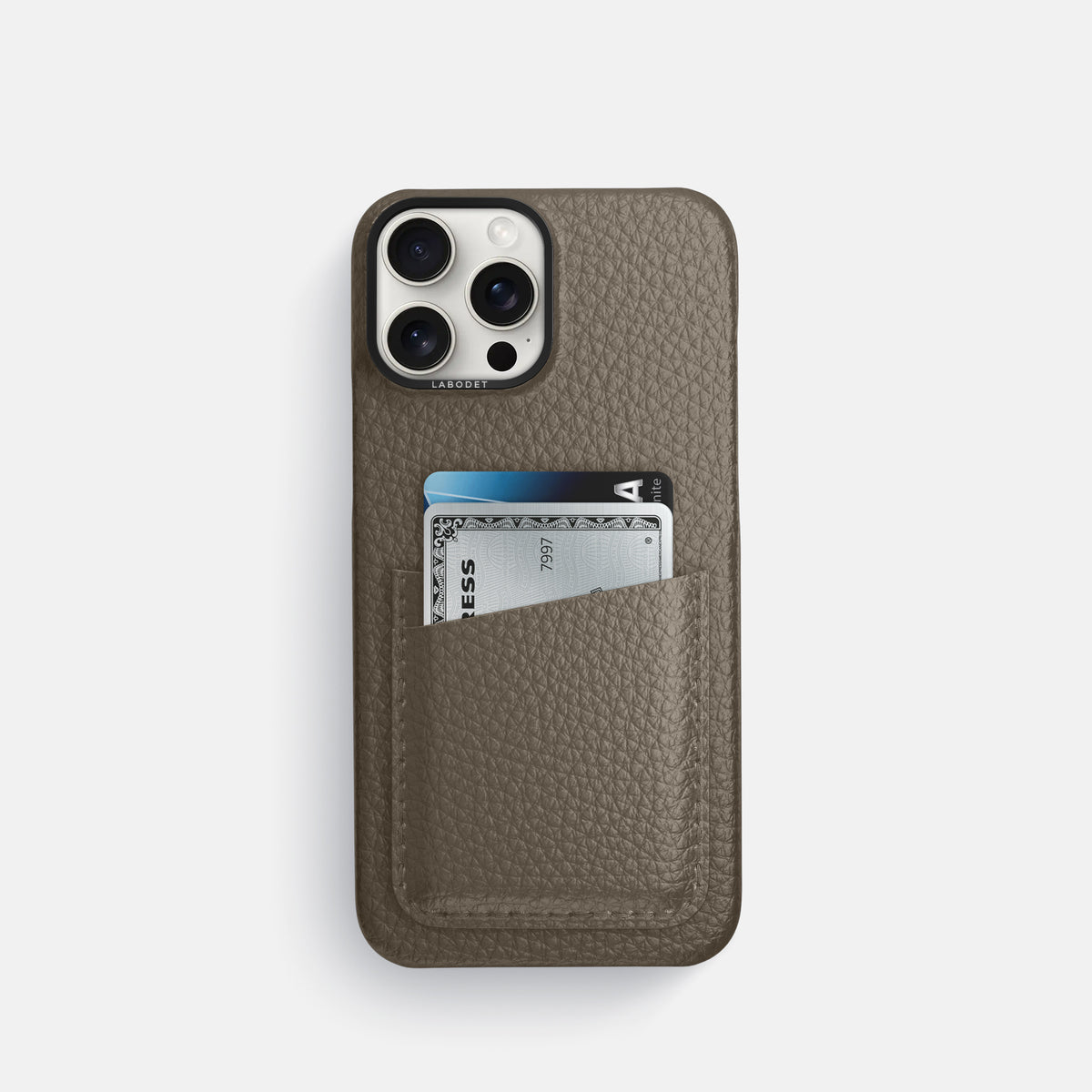 Taupe iPhone 16 Pro Card Case Calf with Black Metal -1 | Taupe-Black