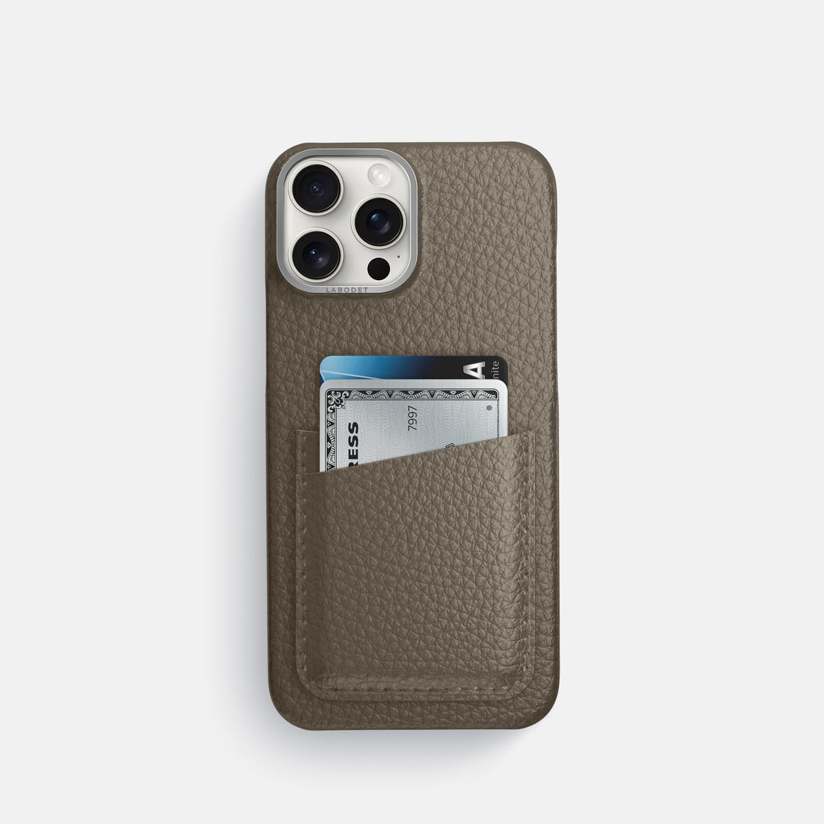 Taupe iPhone 16 Pro Card Case Calf with Steel Metal -1 | Taupe-Steel