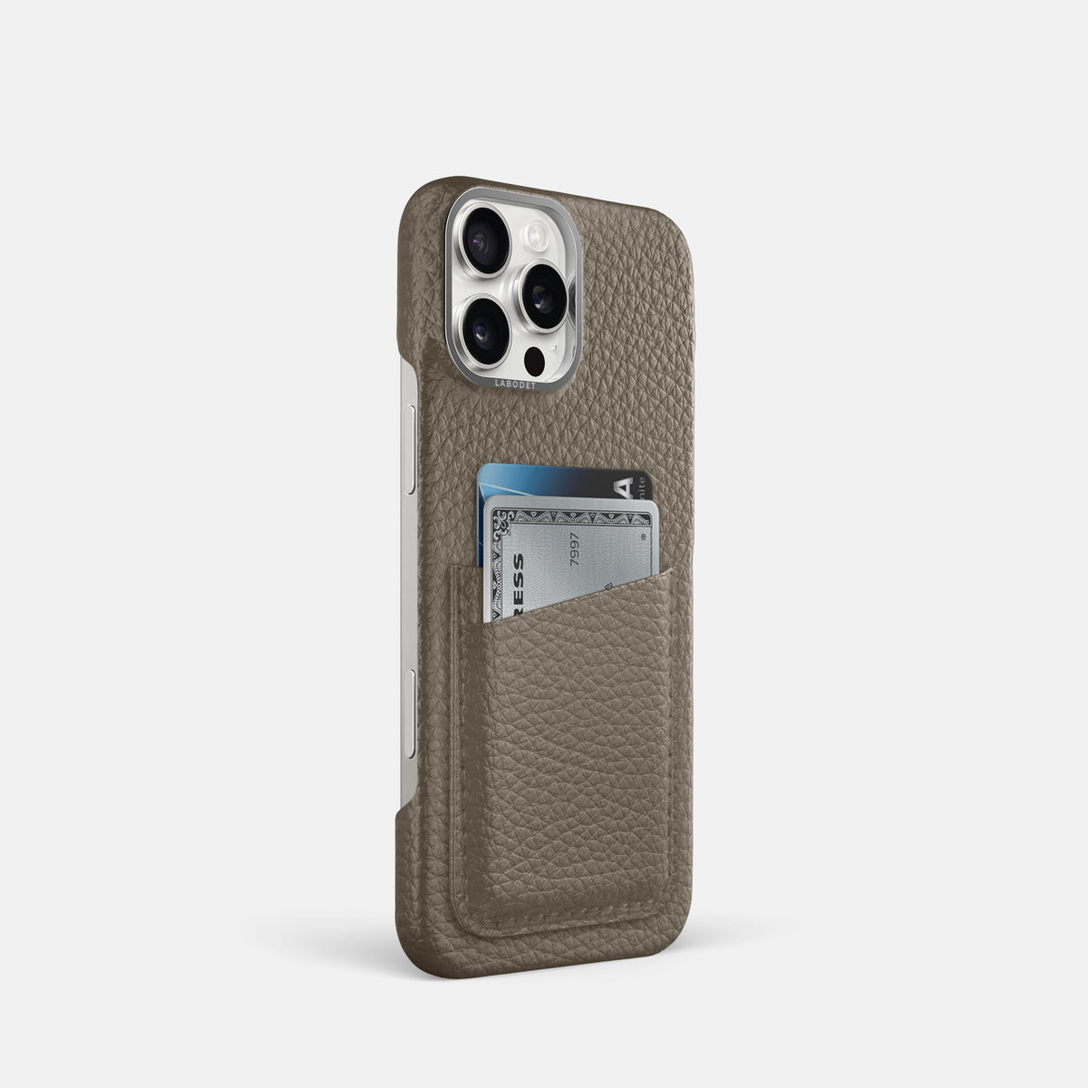 Taupe iPhone 16 Pro Card Case Calf with Steel Metal -2 | Taupe-Steel