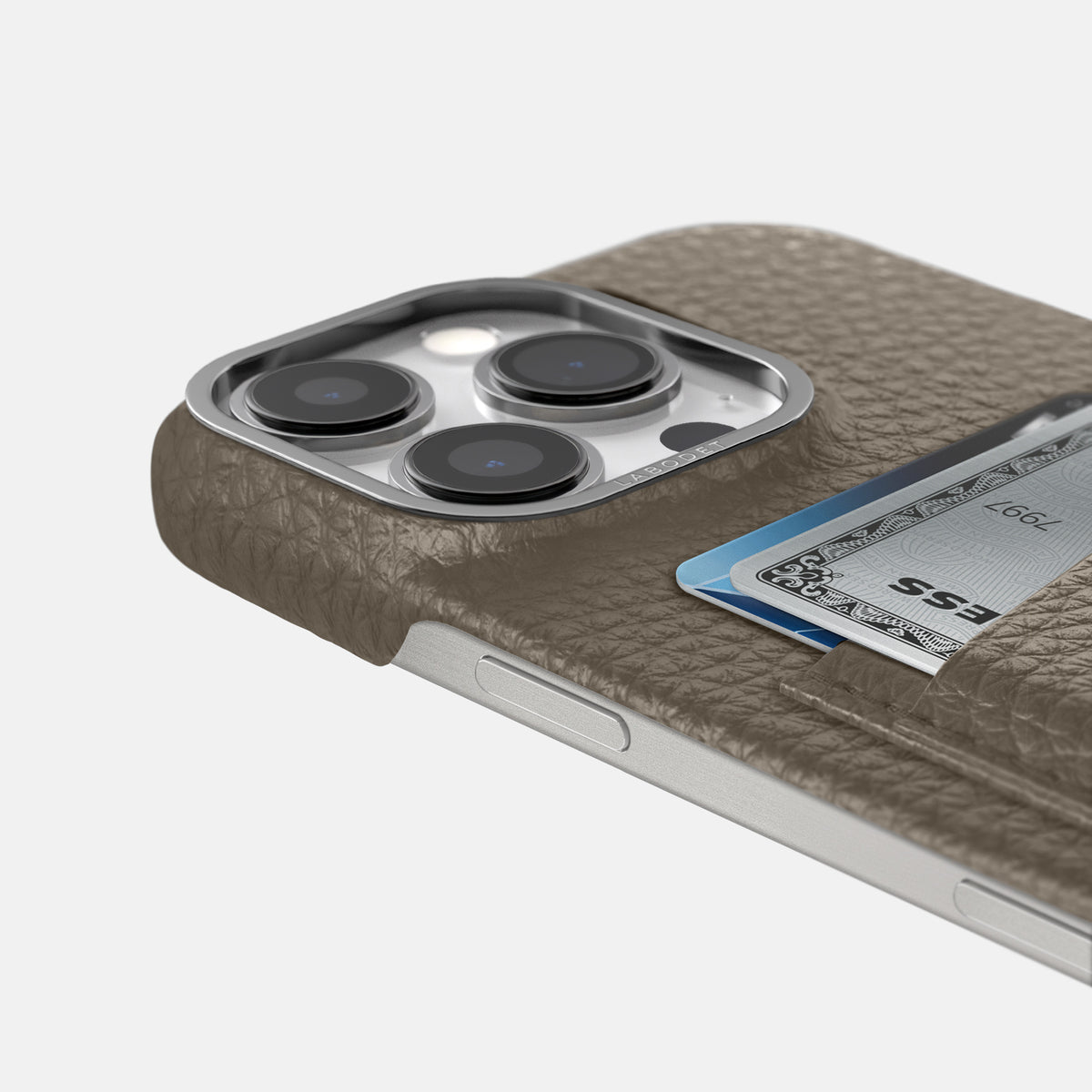 Taupe iPhone 16 Pro Card Case Calf with Steel Metal -5 | Taupe-Steel