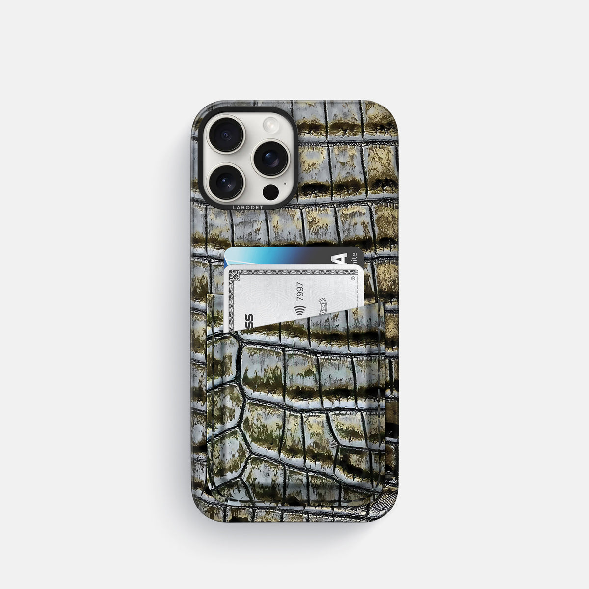 Antique-Bronze iPhone 16 Pro Card Case Himalayan Crocodile with Black Metal -1 | Antique-Bronze-Black