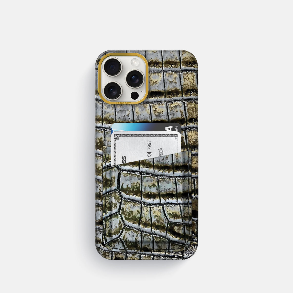 Antique-Bronze iPhone 16 Pro Card Case Himalayan Crocodile with Gold Metal -1 | Antique-Bronze-Gold