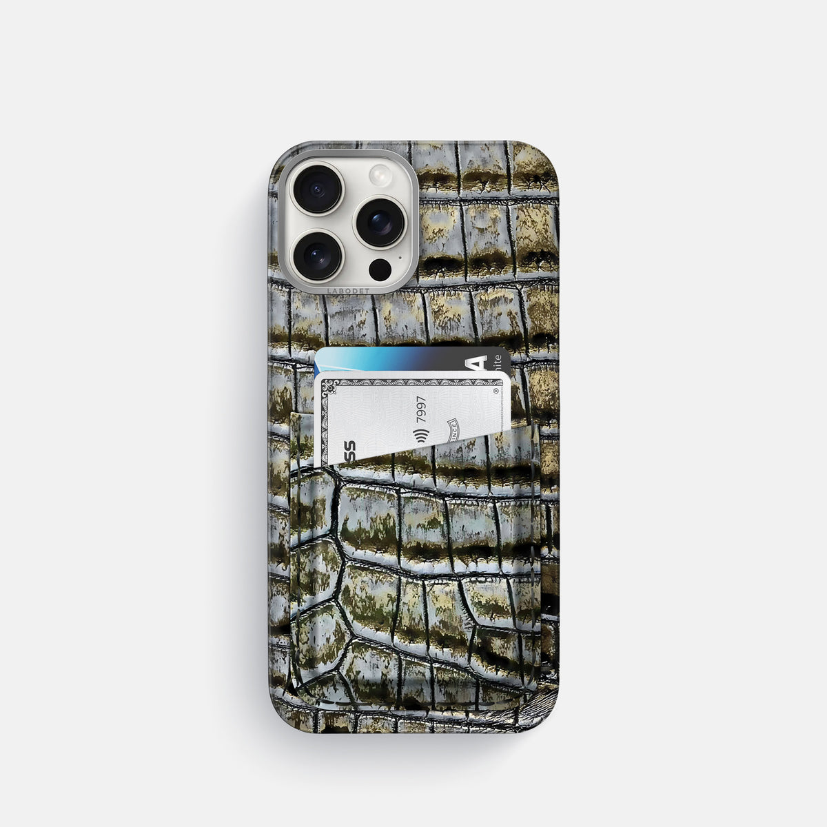 Antique-Bronze iPhone 16 Pro Card Case Himalayan Crocodile with Steel Metal -1 | Antique-Bronze-Steel