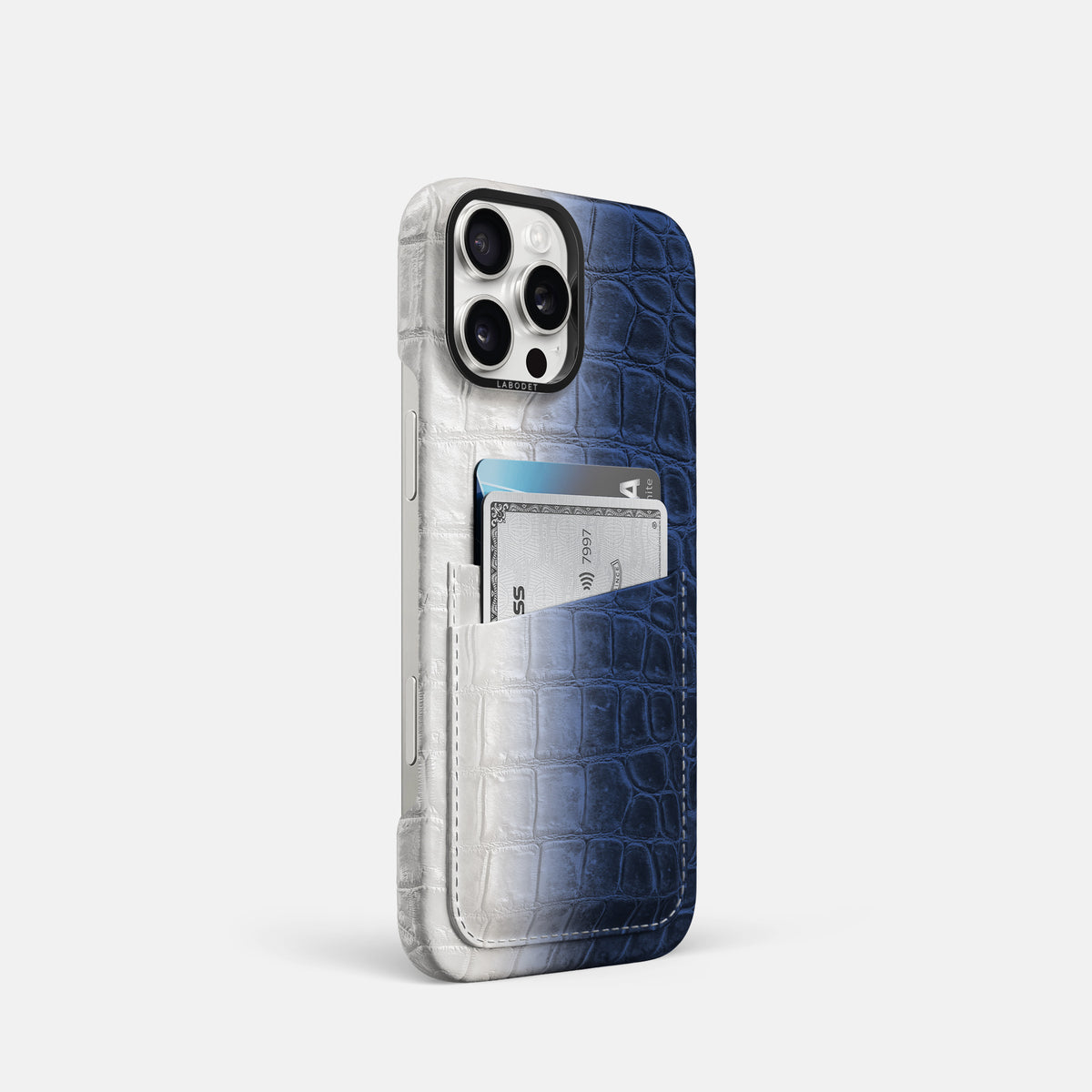 Navy Blue iPhone 16 Pro Card Case Himalayan Crocodile with Black Metal -2 | Navy-Blue-Black