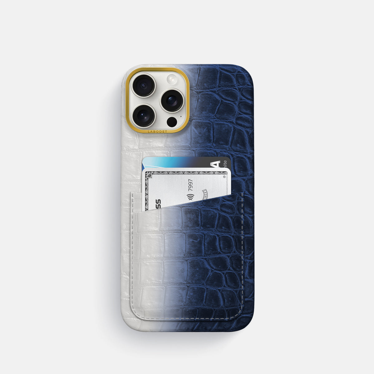 Navy Blue iPhone 16 Pro Card Case Himalayan Crocodile with Gold Metal -1 | Navy-Blue-Gold
