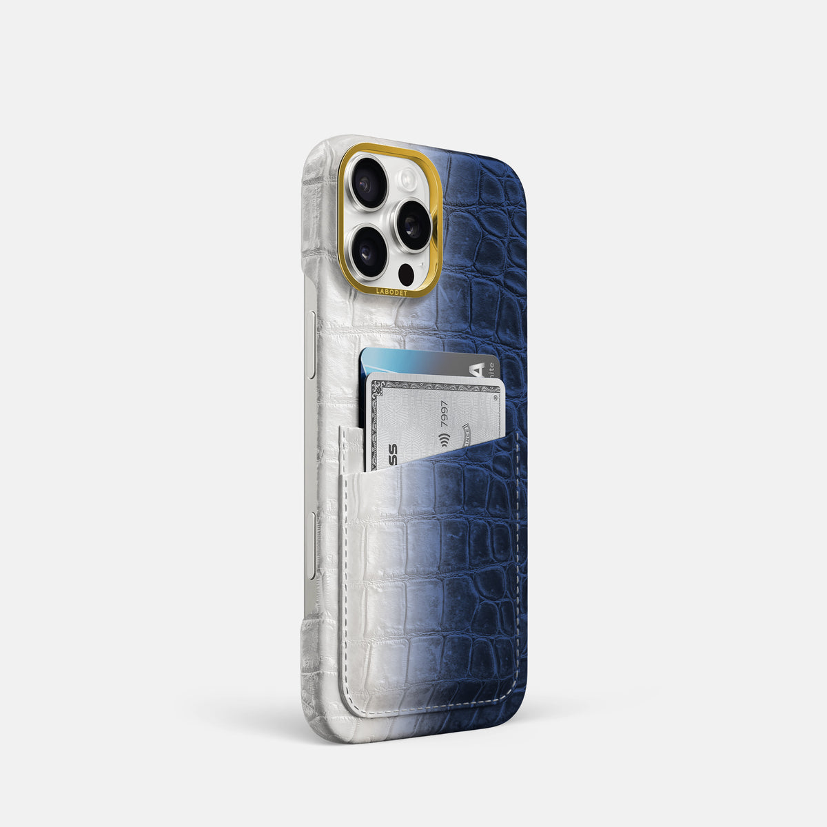 Navy Blue iPhone 16 Pro Card Case Himalayan Crocodile with Gold Metal -2 | Navy-Blue-Gold