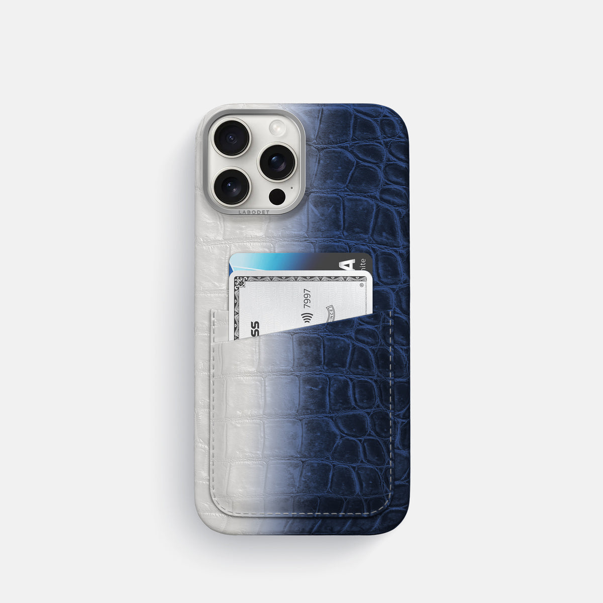 Navy Blue iPhone 16 Pro Card Case Himalayan Crocodile with Steel Metal -1 | Navy-Blue-Steel
