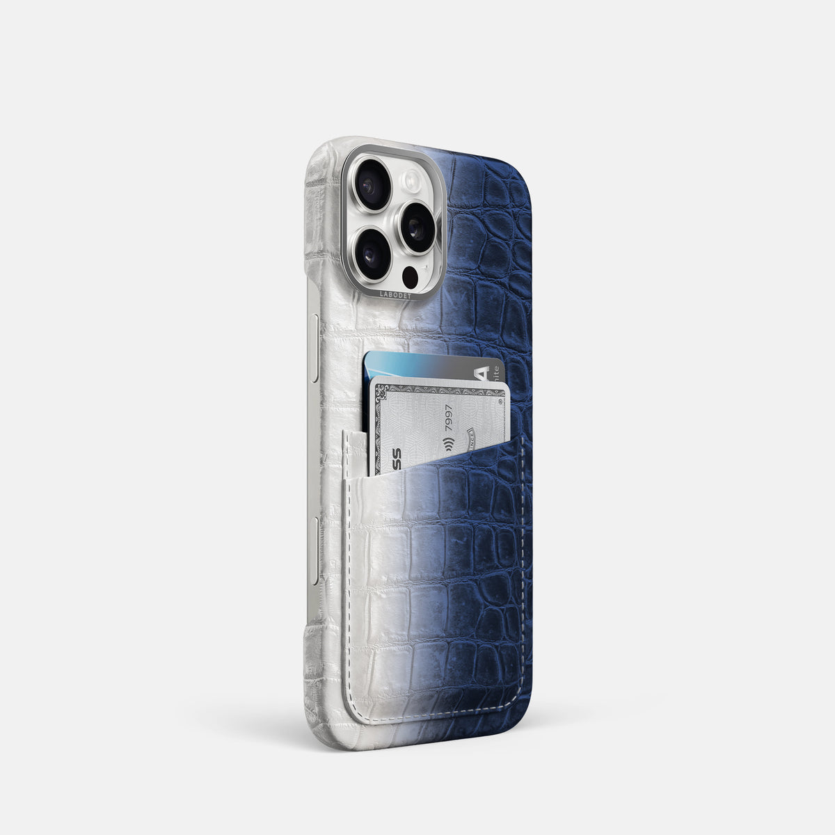 Navy Blue iPhone 16 Pro Card Case Himalayan Crocodile with Steel Metal -2 | Navy-Blue-Steel