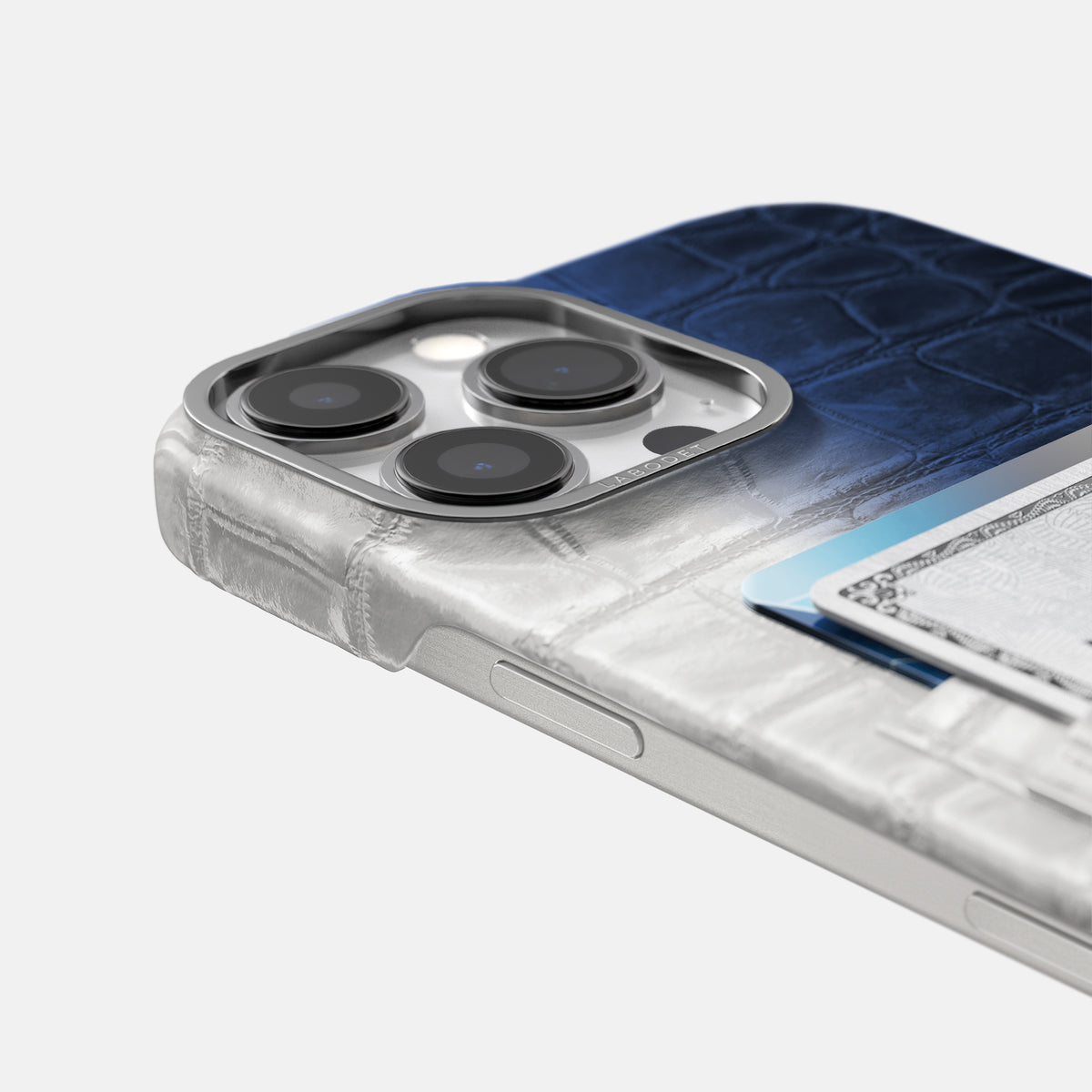 Navy Blue iPhone 16 Pro Card Case Himalayan Crocodile with Steel Metal -5 | Navy-Blue-Steel