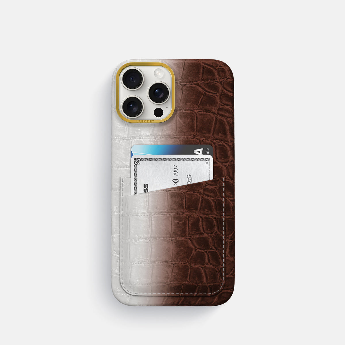 Dark Brown iPhone 16 Pro Card Case Himalayan Crocodile with Gold Metal -1 | Dark-Brown-Gold