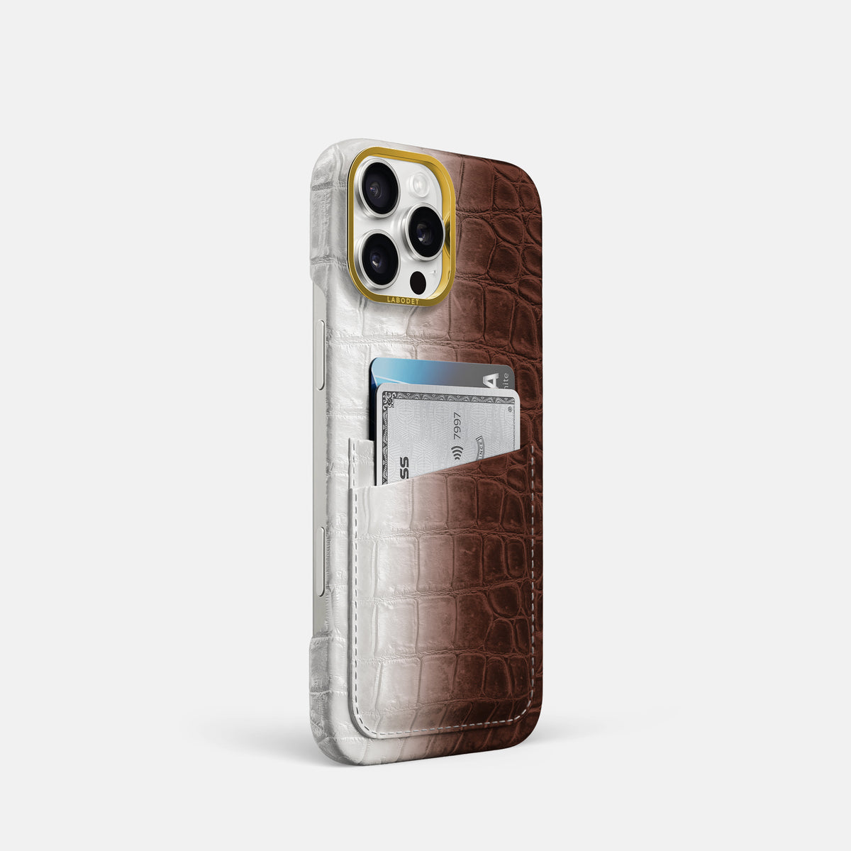Dark Brown iPhone 16 Pro Card Case Himalayan Crocodile with Gold Metal -2 | Dark-Brown-Gold