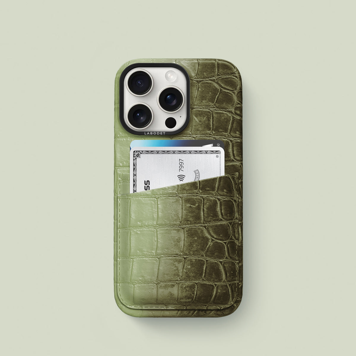 Celadon Green iPhone 16 Pro Double Card Case Himalayan Crocodile with Black Metal -1 | Celadon-Green-Black
