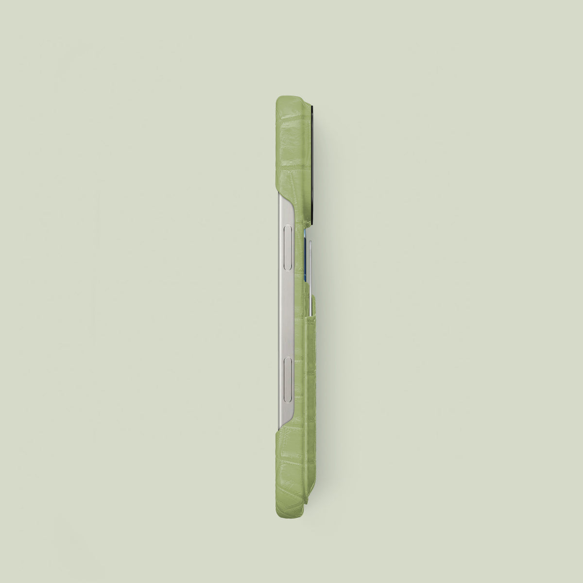 Celadon Green iPhone 16 Pro Double Card Case Himalayan Crocodile with Black Metal -2 | Celadon-Green-Black
