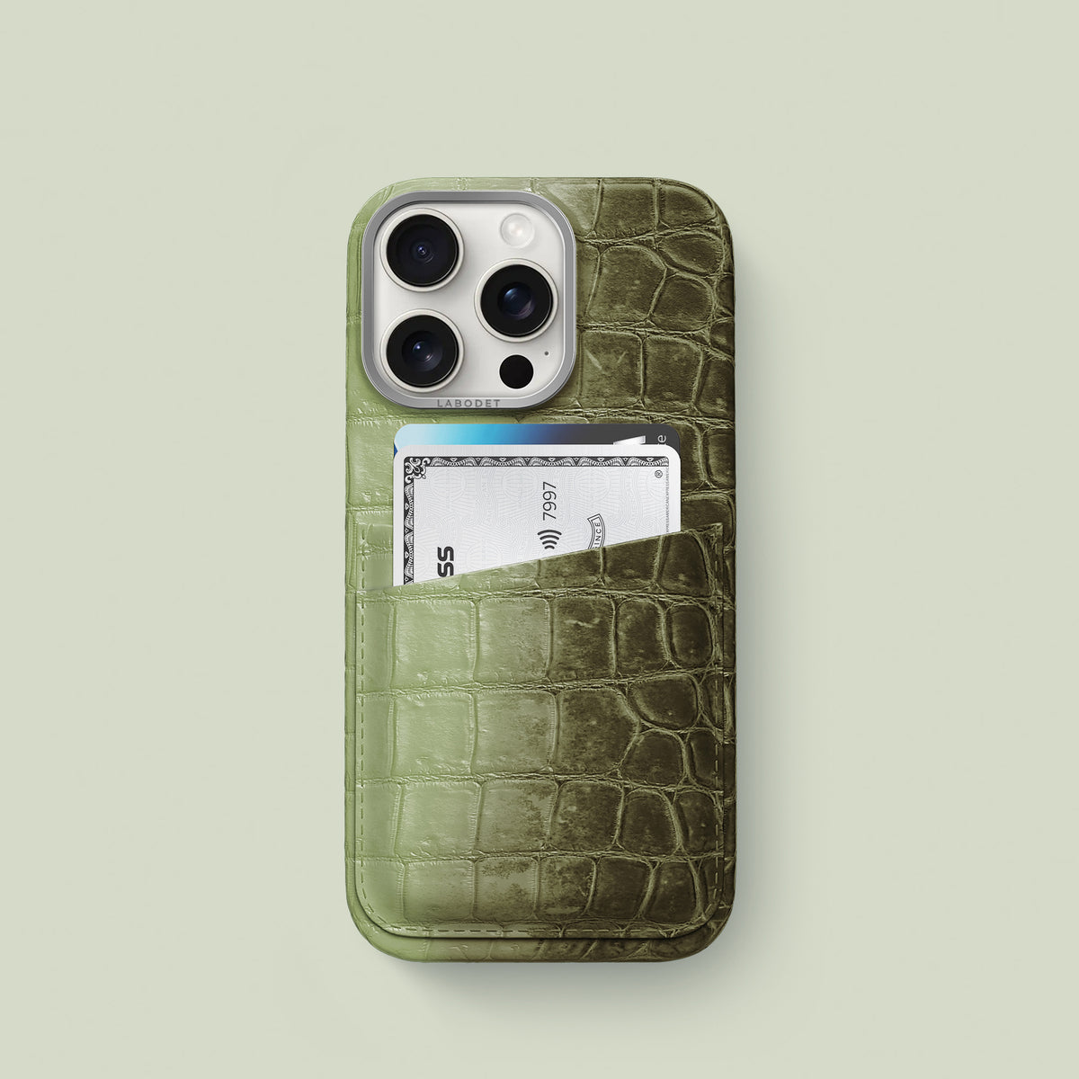 Celadon Green iPhone 16 Pro Double Card Case Himalayan Crocodile with Steel Metal -1 | Celadon-Green-Steel
