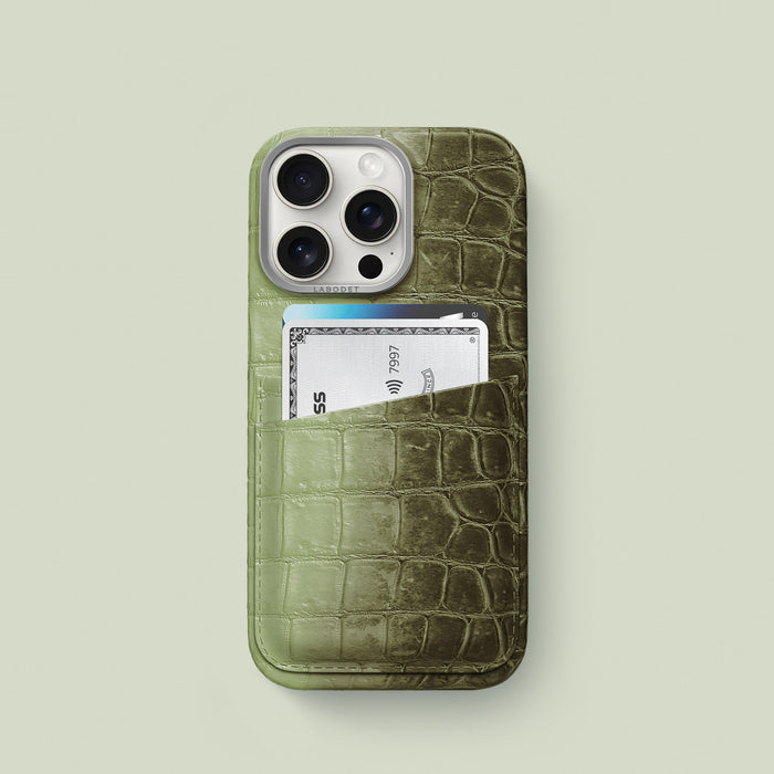 Celadon Green iPhone 16 Pro Double Card Case Himalayan Crocodile with Steel Metal -1 | Celadon-Green-Steel