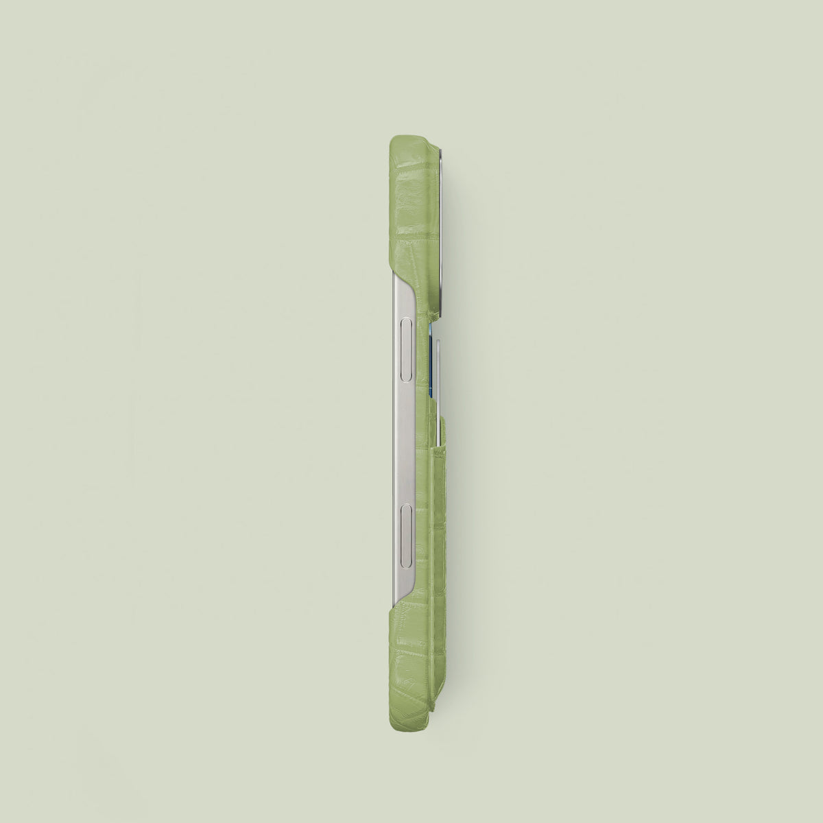 Celadon Green iPhone 16 Pro Double Card Case Himalayan Crocodile with Steel Metal -2 | Celadon-Green-Steel