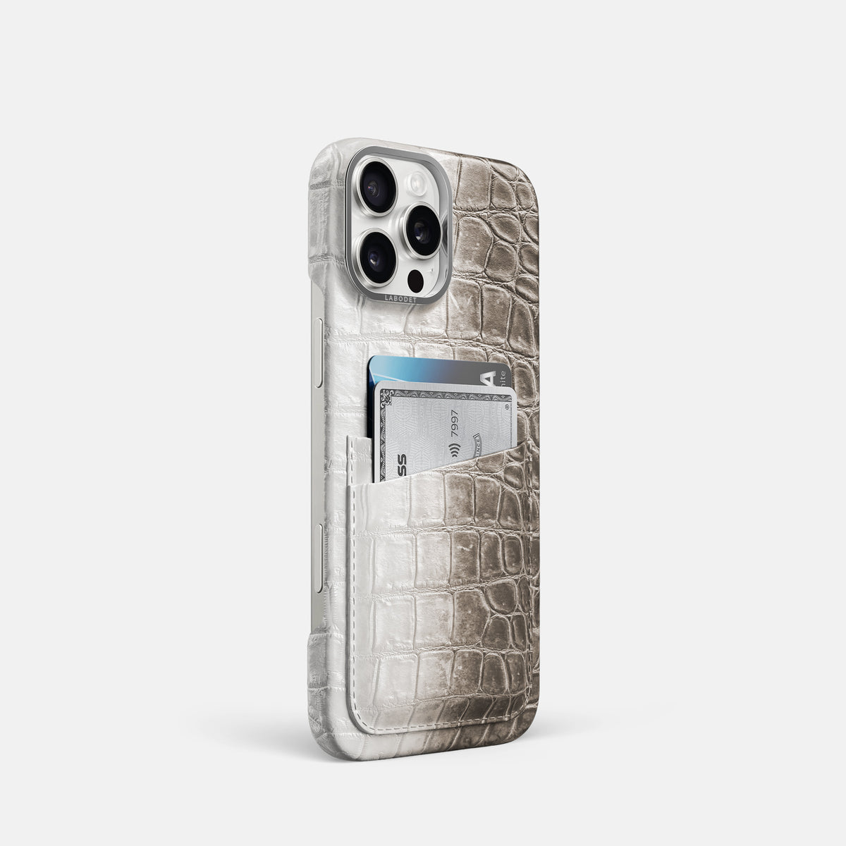 Dark iPhone 16 Pro Card Case Himalayan Crocodile with Steel Metal -2 | Dark-Steel