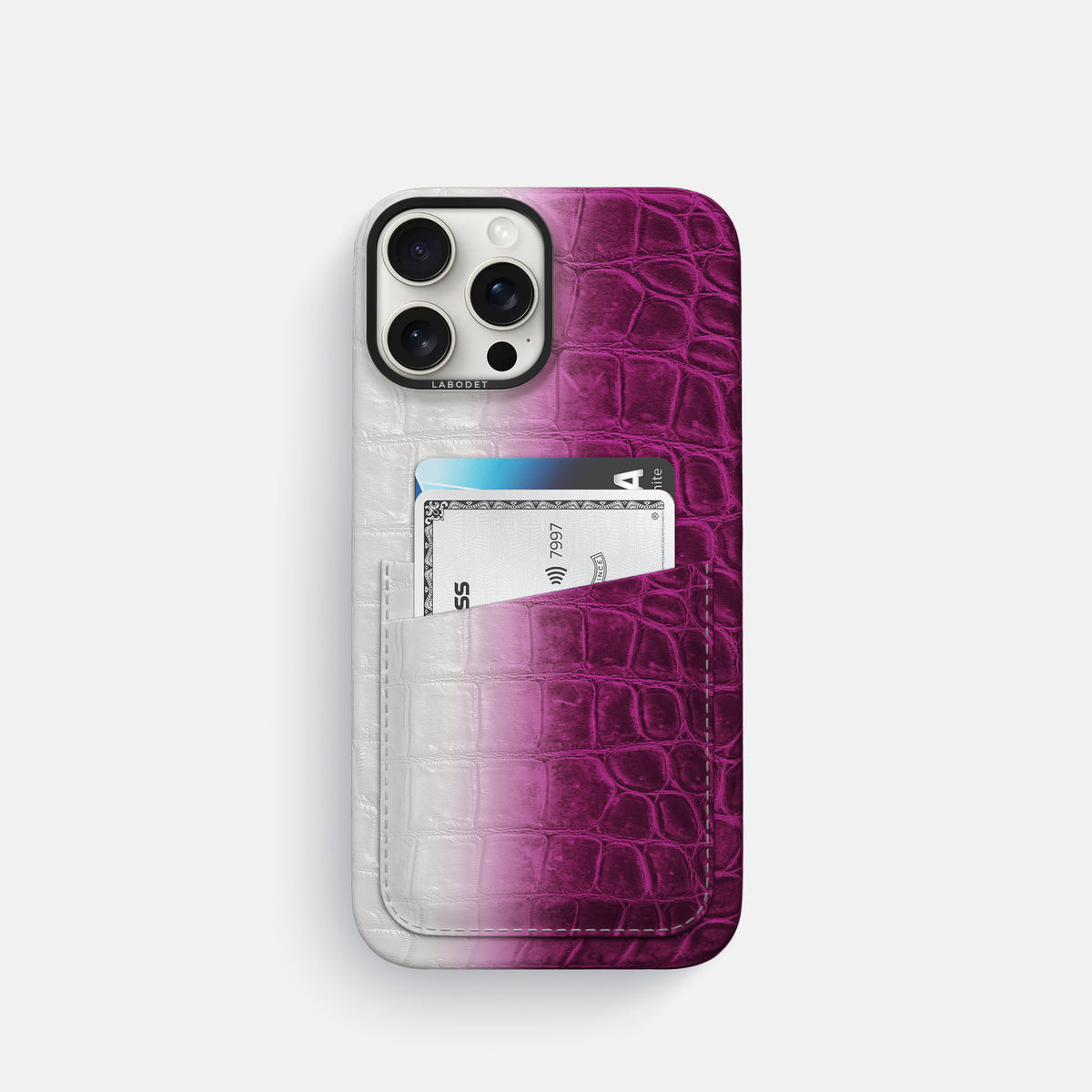 Fuchsia iPhone 16 Pro Card Case Himalayan Crocodile with Black Metal -1 | Fuchsia-Black
