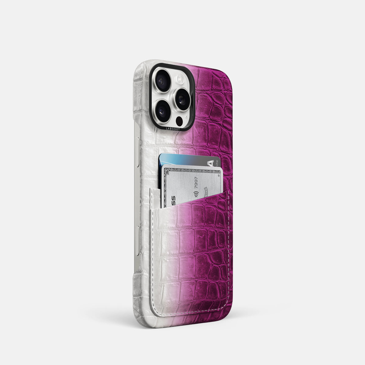 Fuchsia iPhone 16 Pro Card Case Himalayan Crocodile with Black Metal -2 | Fuchsia-Black