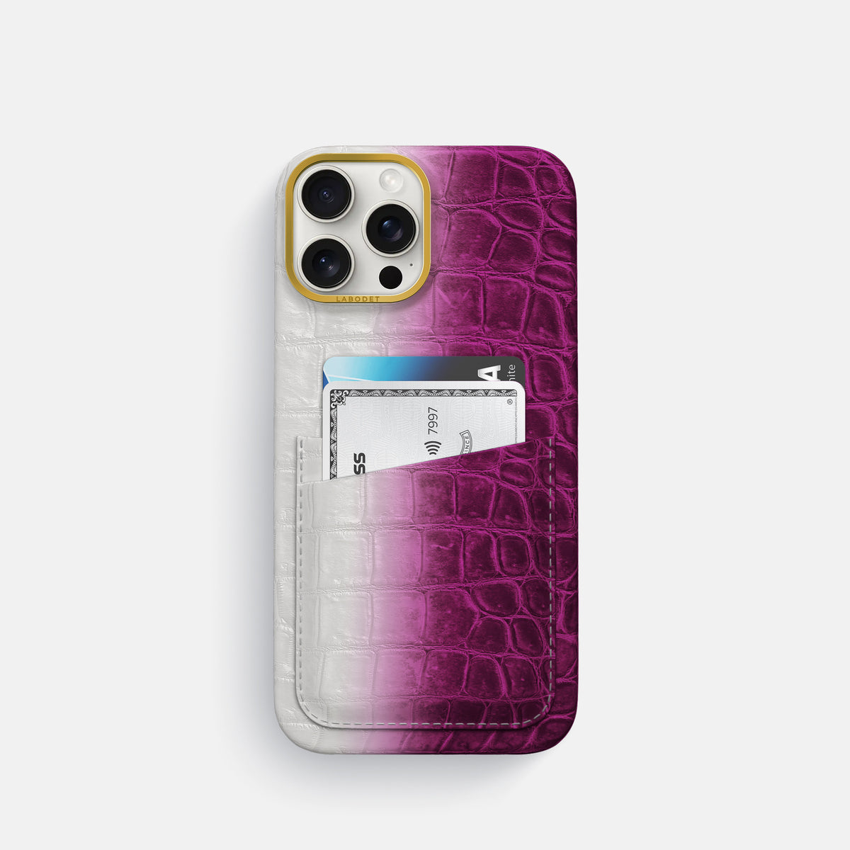 Fuchsia iPhone 16 Pro Card Case Himalayan Crocodile with Gold Metal -1 | Fuchsia-Gold