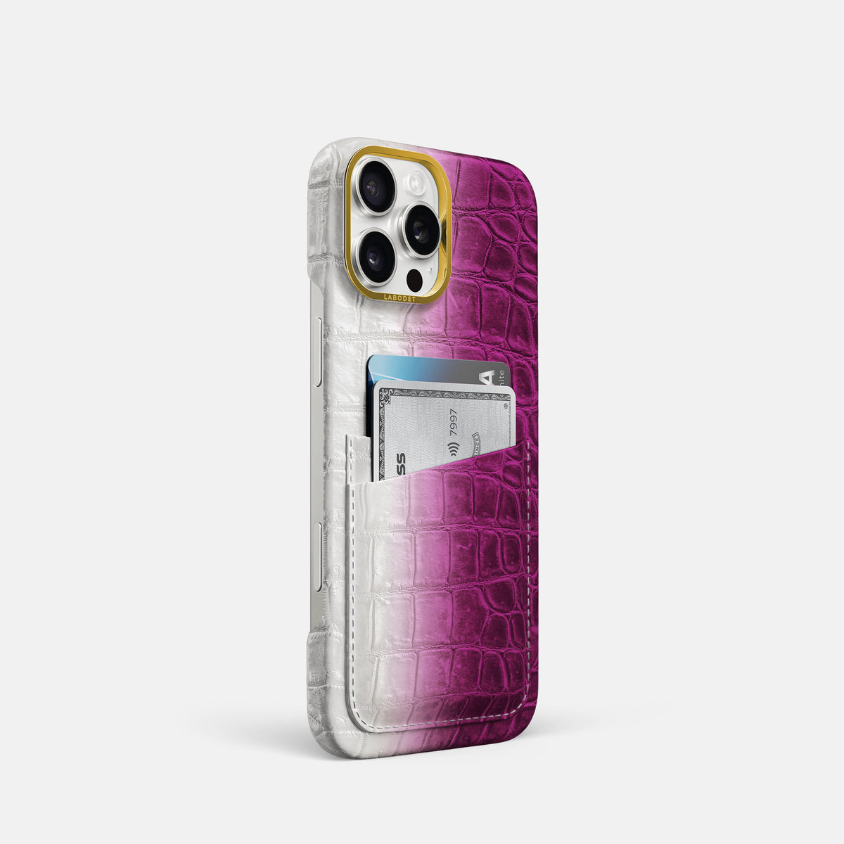 Fuchsia iPhone 16 Pro Card Case Himalayan Crocodile with Gold Metal -2 | Fuchsia-Gold