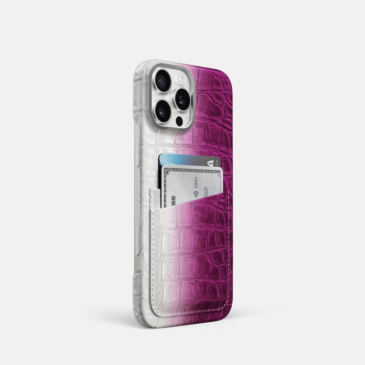 Fuchsia iPhone 16 Pro Card Case Himalayan Crocodile with Steel Metal -2 | Fuchsia-Steel