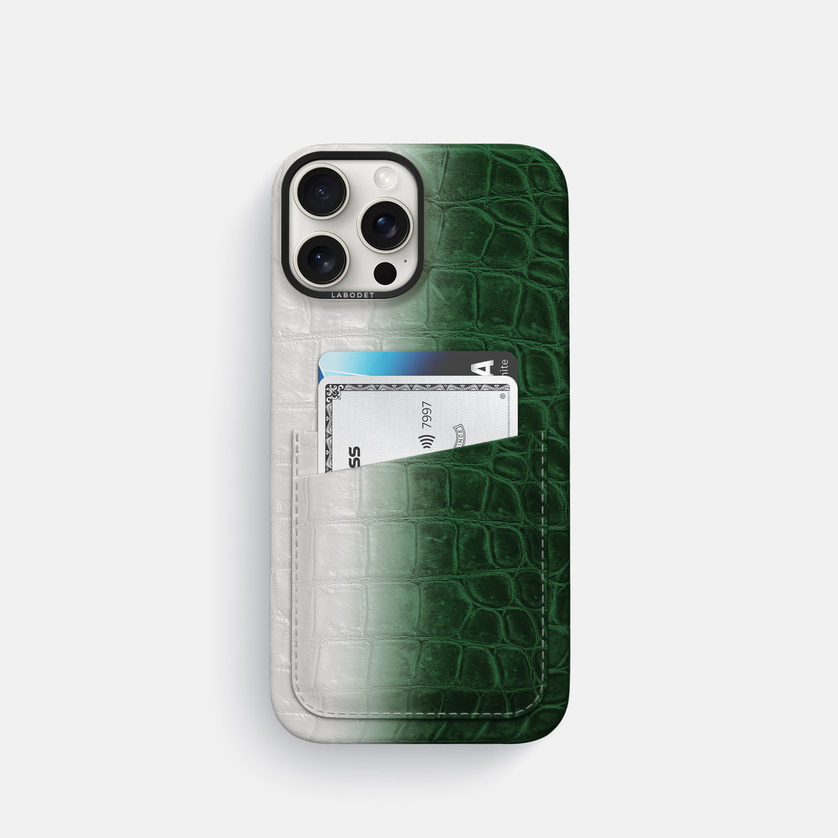 Green iPhone 16 Pro Card Case Himalayan Crocodile with Black Metal -1 | Green-Black