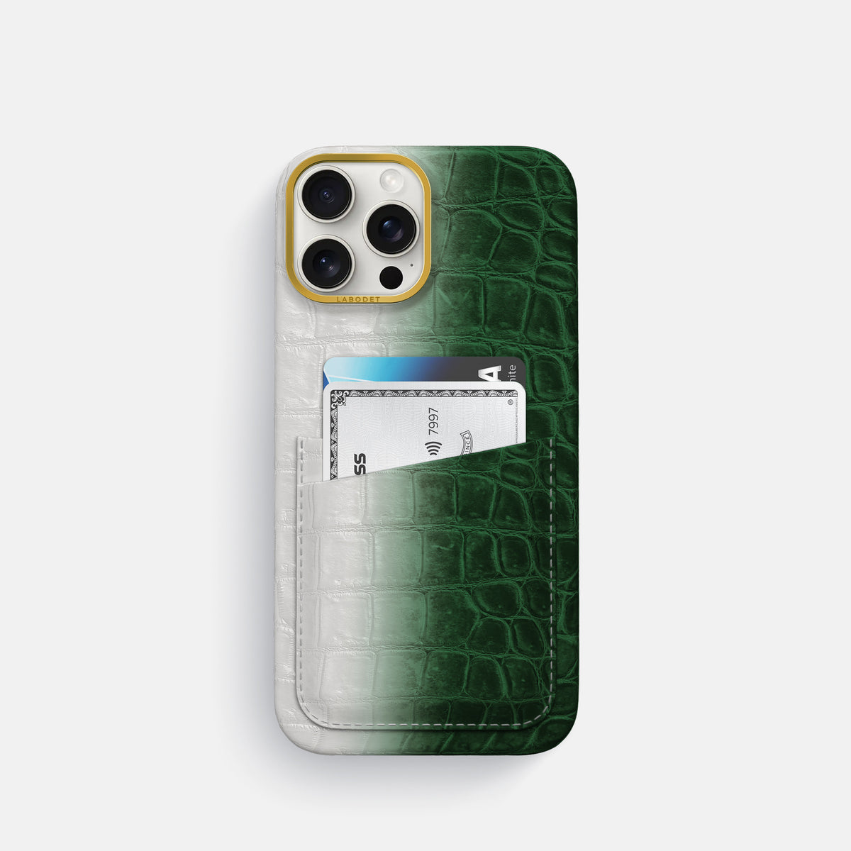 Green iPhone 16 Pro Card Case Himalayan Crocodile with Gold Metal -1 | Green-Gold