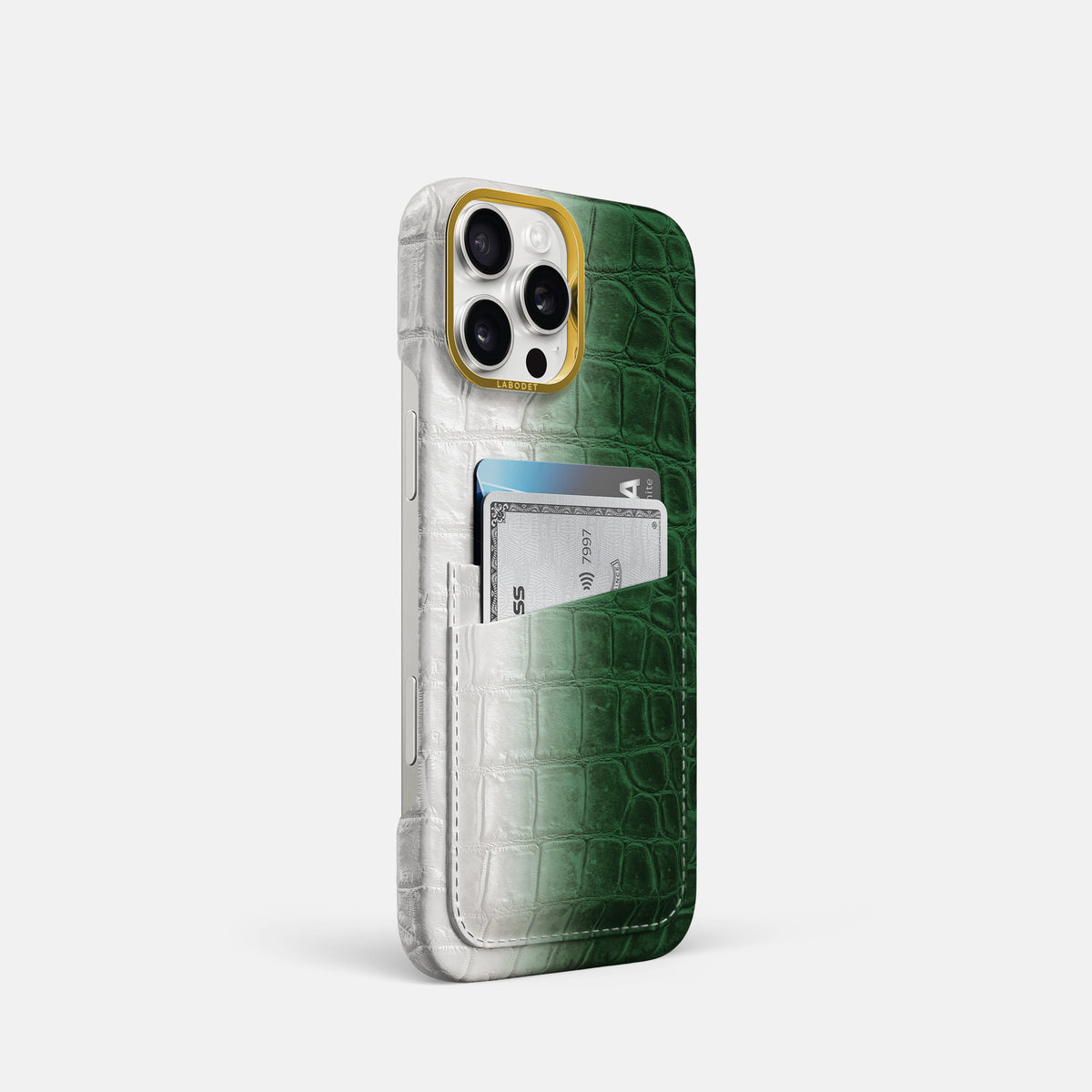 Green iPhone 16 Pro Card Case Himalayan Crocodile with Gold Metal -2 | Green-Gold