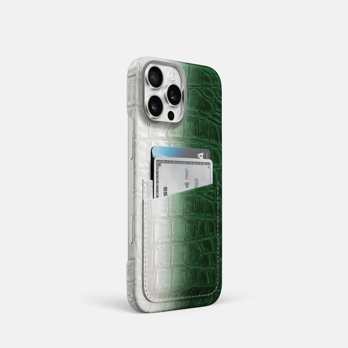 Green iPhone 16 Pro Card Case Himalayan Crocodile with Steel Metal -2 | Green-Steel