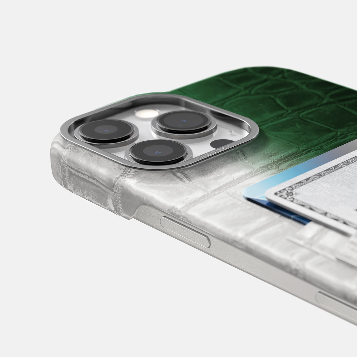 Green iPhone 16 Pro Card Case Himalayan Crocodile with Steel Metal -5 | Green-Steel