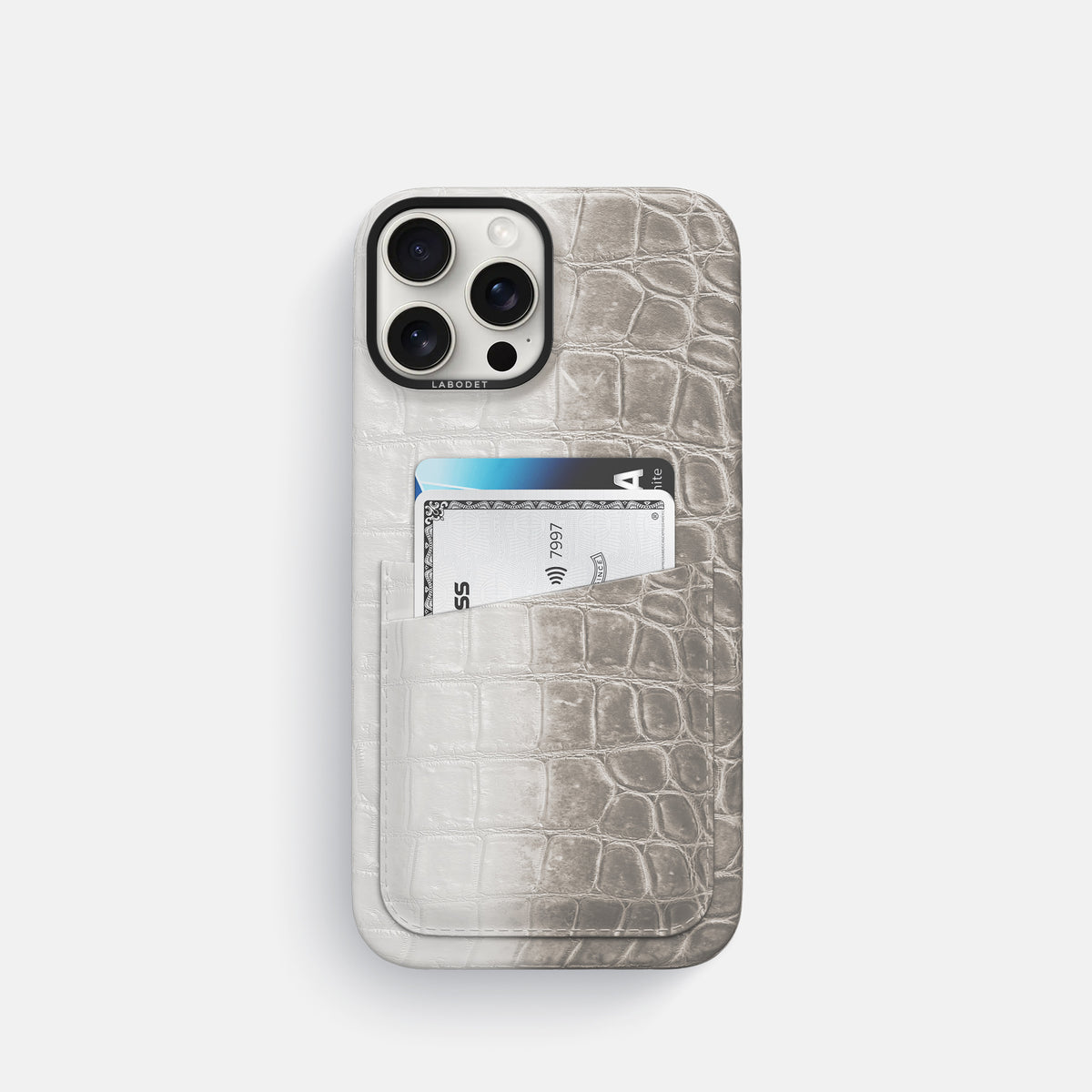 Grey iPhone 16 Pro Card Case Himalayan Crocodile with Black Metal -1 | Grey-Black