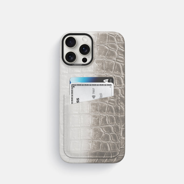 Grey iPhone 16 Pro Card Case Himalayan Crocodile with Black Metal -1 | Grey-Black