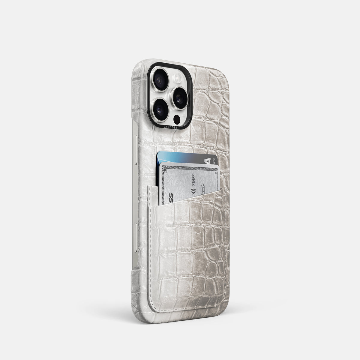 Grey iPhone 16 Pro Card Case Himalayan Crocodile with Black Metal -2 | Grey-Black