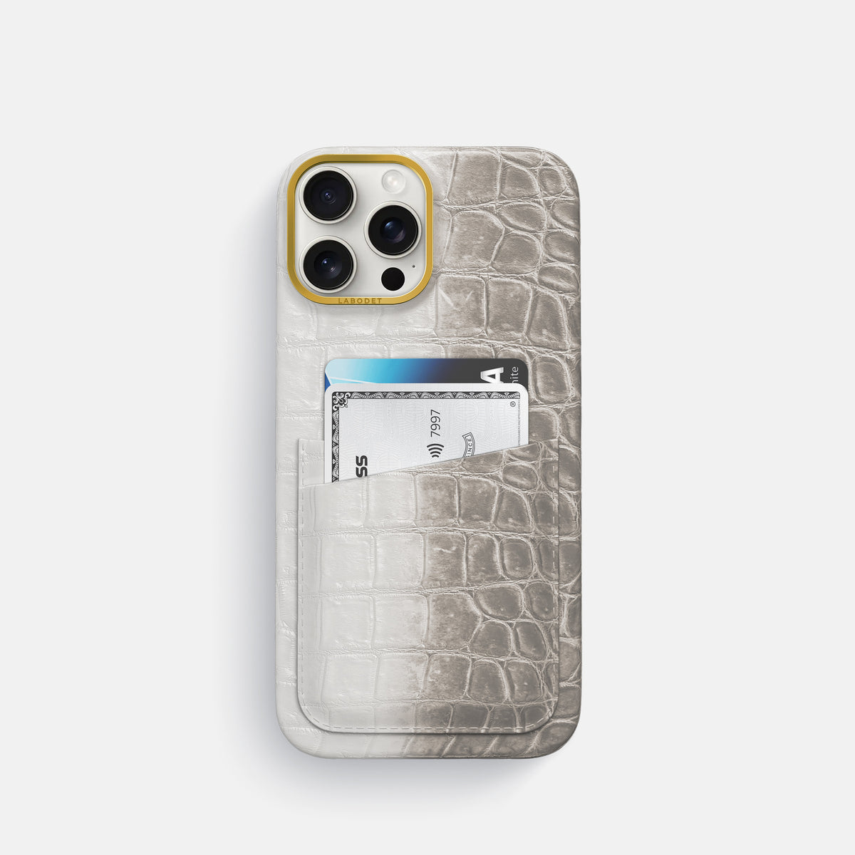 Grey iPhone 16 Pro Card Case Himalayan Crocodile with Gold Metal -1 | Grey-Gold