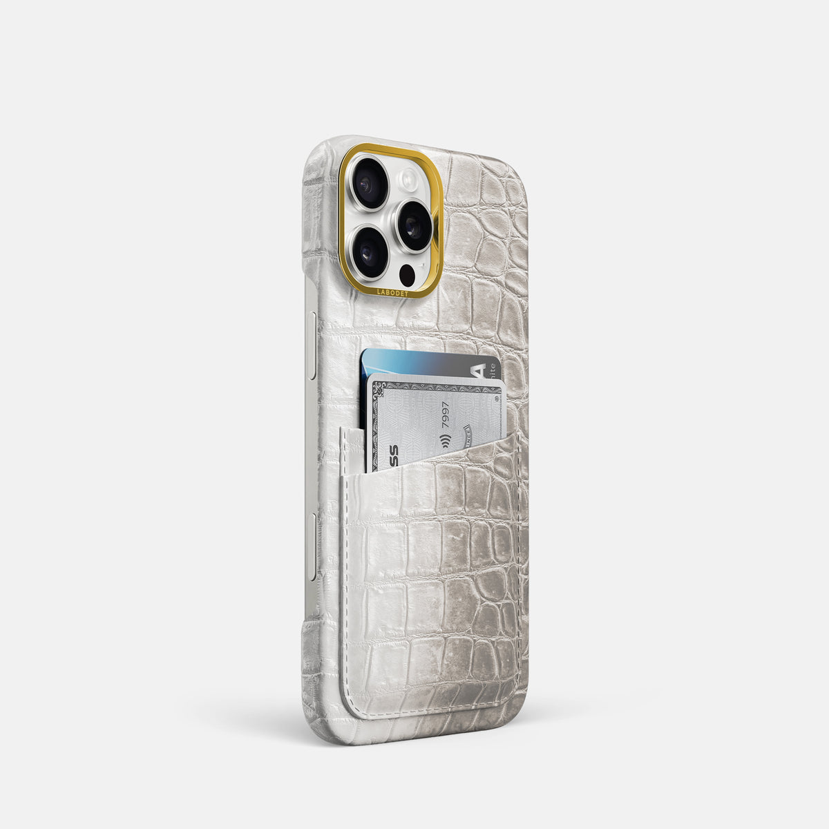 Grey iPhone 16 Pro Card Case Himalayan Crocodile with Gold Metal -2 | Grey-Gold
