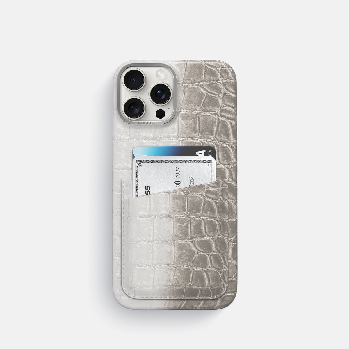 Grey iPhone 16 Pro Card Case Himalayan Crocodile with Steel Metal -1 | Grey-Steel