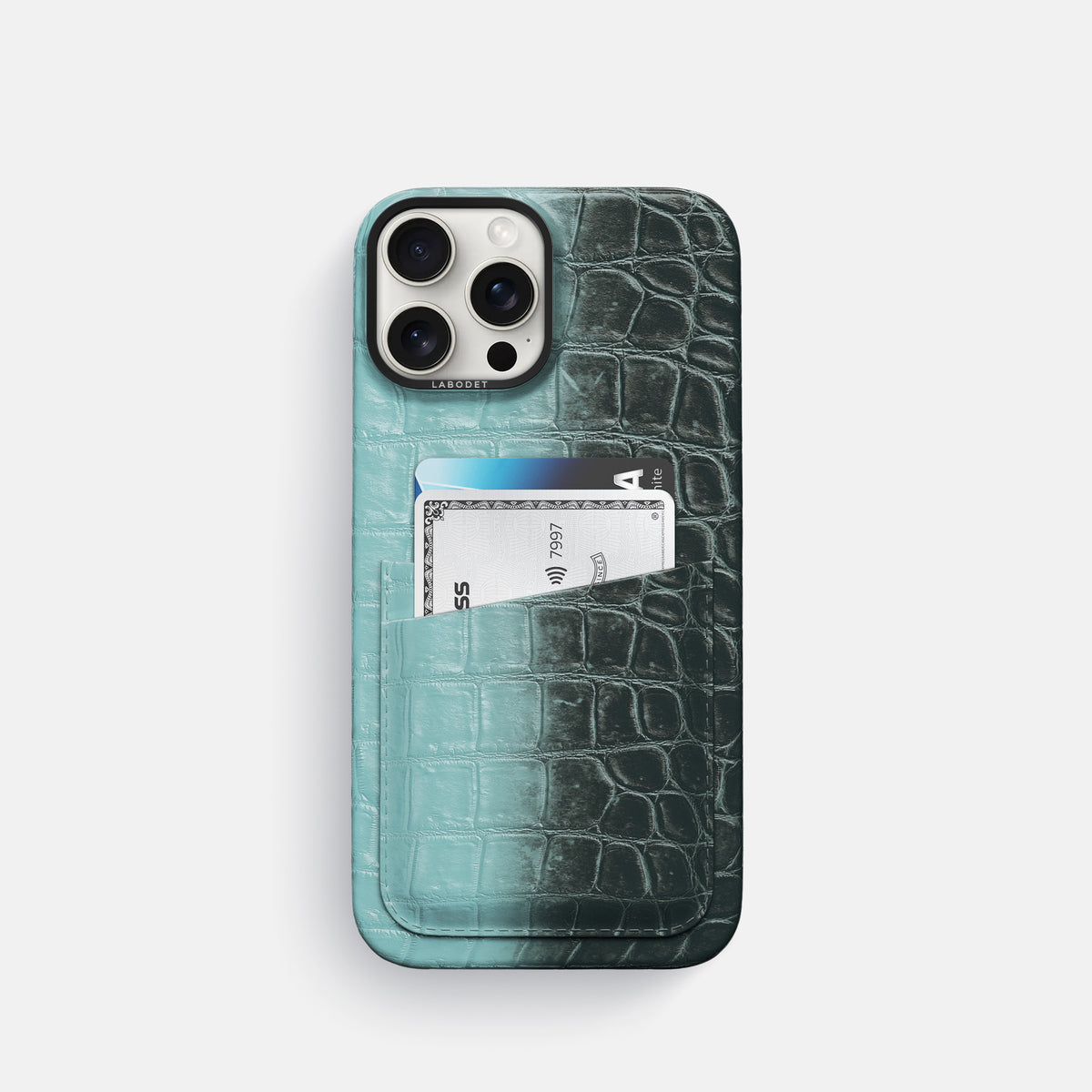 Light-Mint iPhone 16 Pro Card Case Himalayan Crocodile with Black Metal -1 | Light-Mint-Black