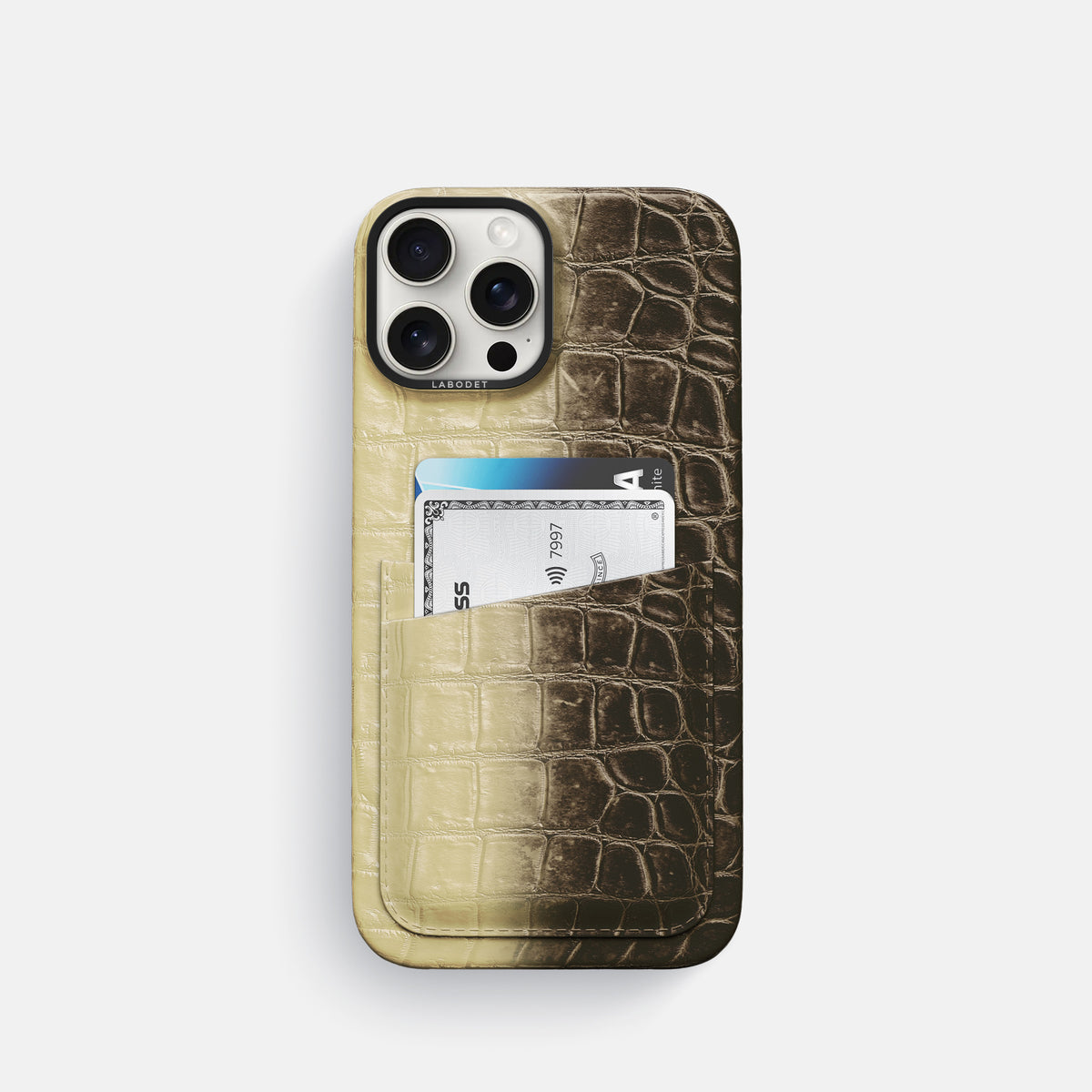 Natural iPhone 16 Pro Card Case Himalayan Crocodile with Black Metal -1 | Natural-Black