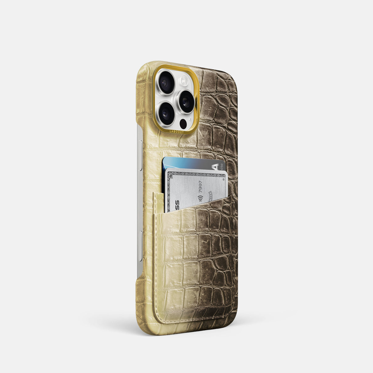 Natural iPhone 16 Pro Card Case Himalayan Crocodile with Gold Metal -2 | Natural-Gold