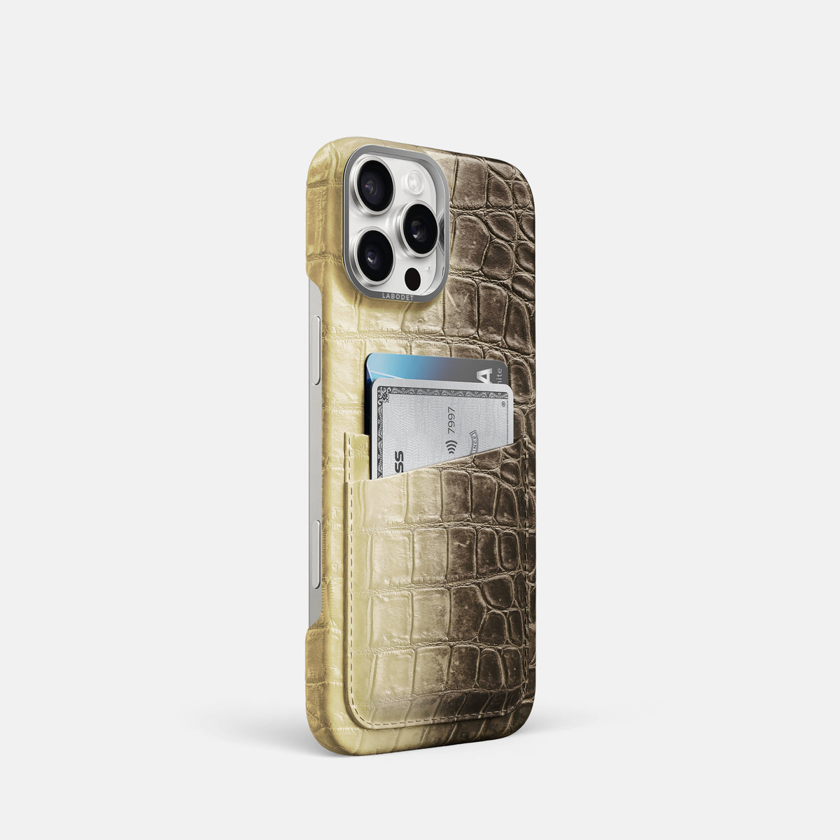 Natural iPhone 16 Pro Card Case Himalayan Crocodile with Steel Metal -2 | Natural-Steel