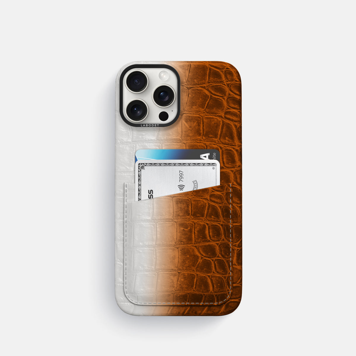 Orange iPhone 16 Pro Card Case Himalayan Crocodile with Black Metal -1 | Orange-Black