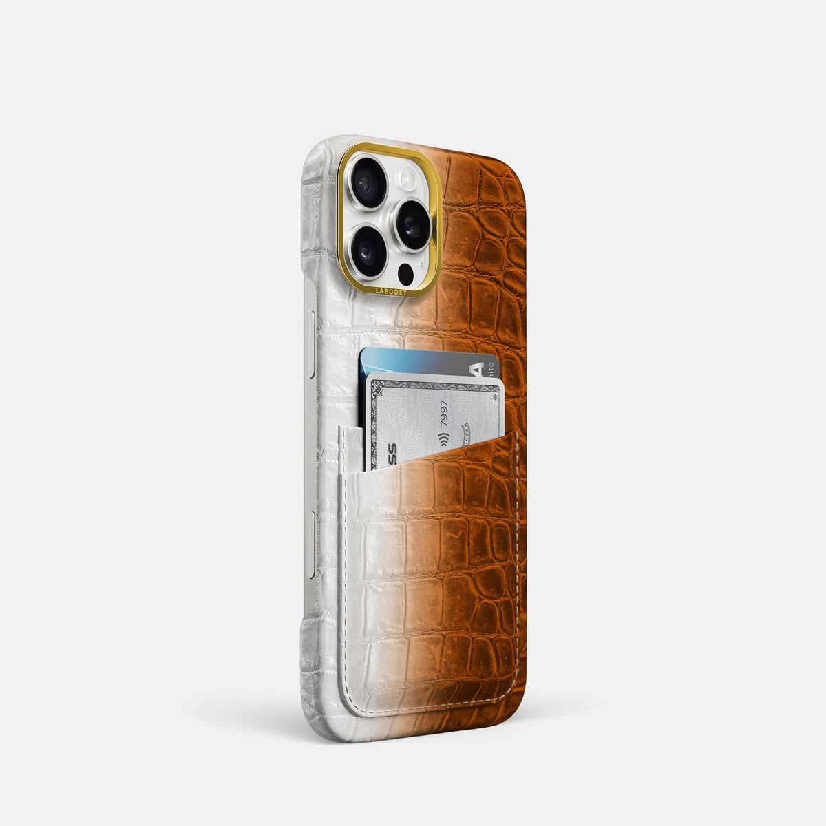 Orange iPhone 16 Pro Card Case Himalayan Crocodile with Gold Metal -2 | Orange-Gold