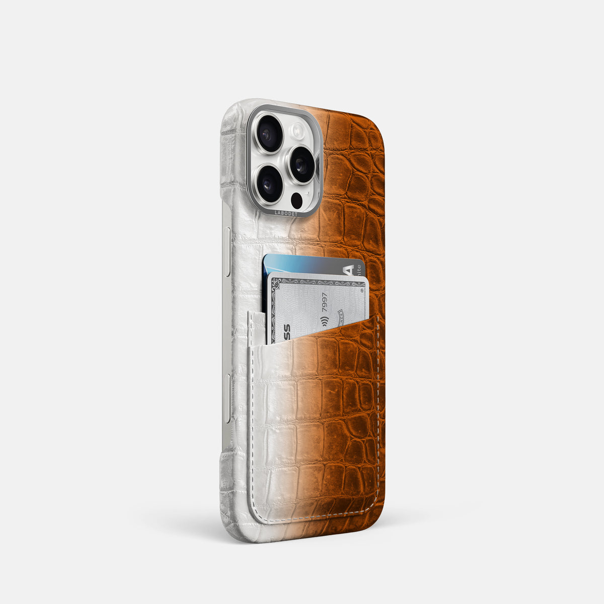 Orange iPhone 16 Pro Card Case Himalayan Crocodile with Steel Metal -2 | Orange-Steel