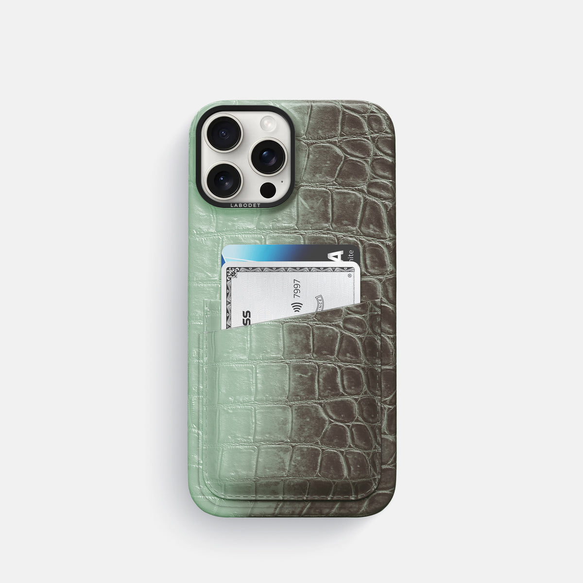 Pistachio iPhone 16 Pro Card Case Himalayan Crocodile with Black Metal -1 | Pistachio-Black