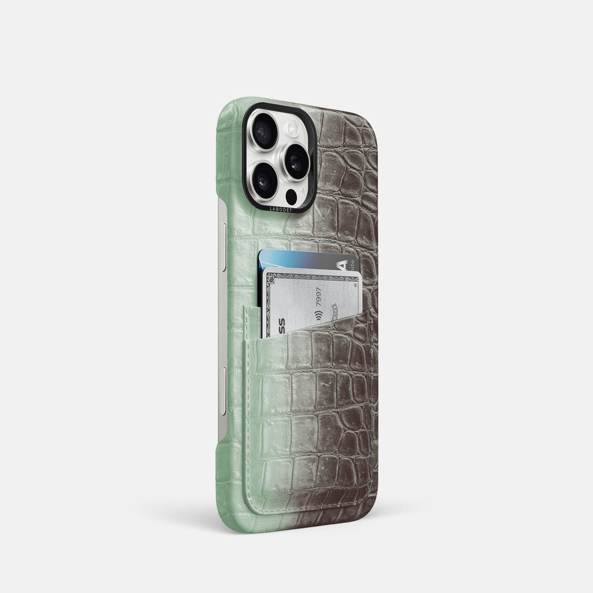 Pistachio iPhone 16 Pro Card Case Himalayan Crocodile with Black Metal -2 | Pistachio-Black