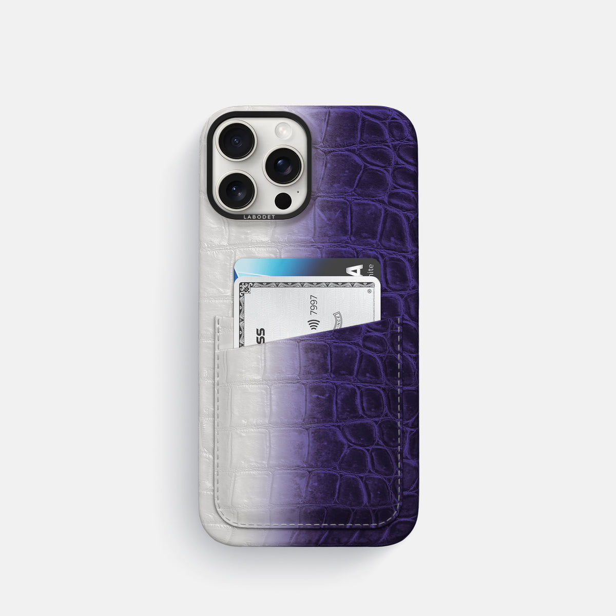 Purple iPhone 16 Pro Card Case Himalayan Crocodile with Black Metal -1 | Purple-Black